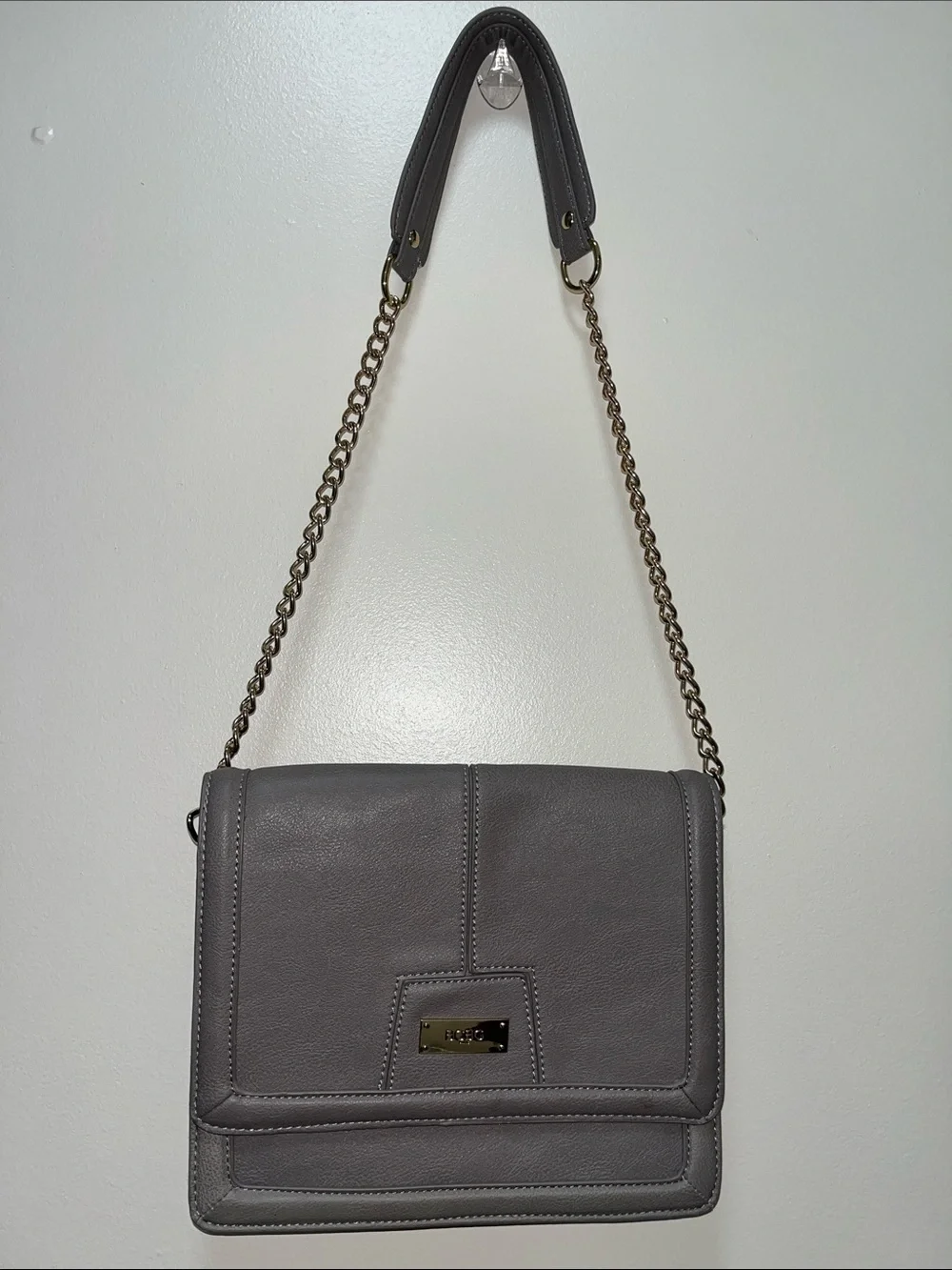 BCBG Paris Gray Leather Crossbody with Chain Strap